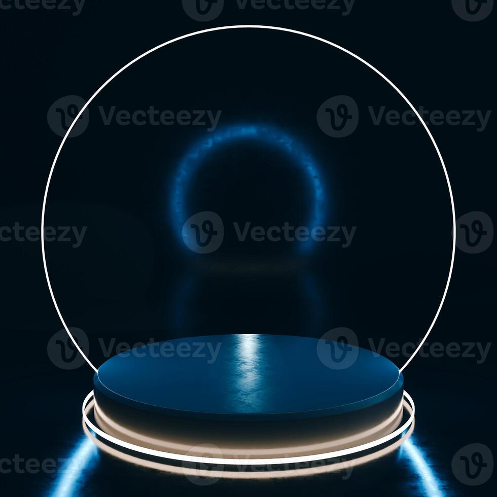 3D Blue circular platform with glowing edge on dark reflective surface, white circular outline, glowing blue half-circle in background. Modern, abstract, futuristic feel. photo