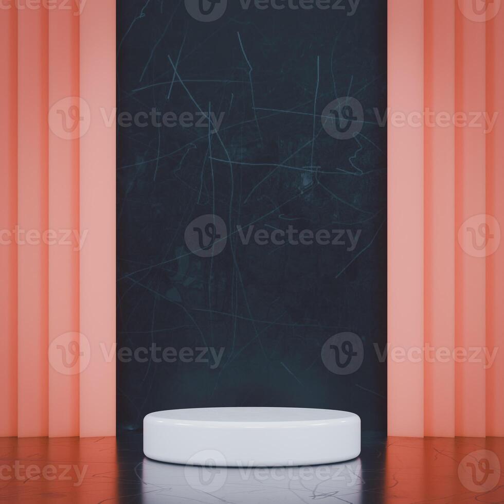 A 3D render featuring a white podium in front of a textured black wall framed by peach vertical columns. photo