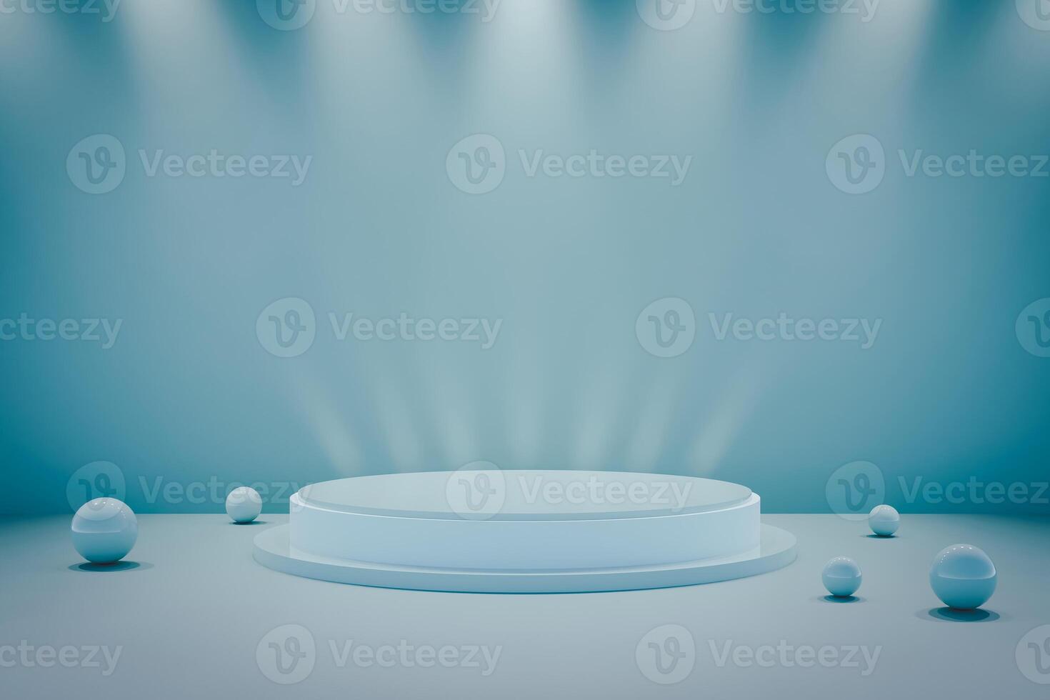 A 3D-rendered scene with a light blue podium under spotlights, with spheres scattered on the floor. photo