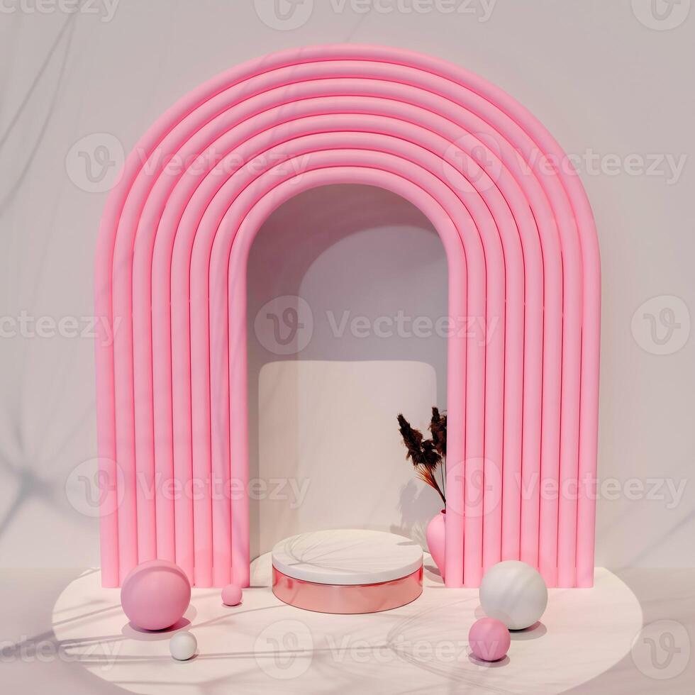 3D White circular platform with pink base centered against layered pink arch. Vase with dried foliage on the side, white and pink spheres on the base. Minimalist scene with a playful, retro aesthetic. photo