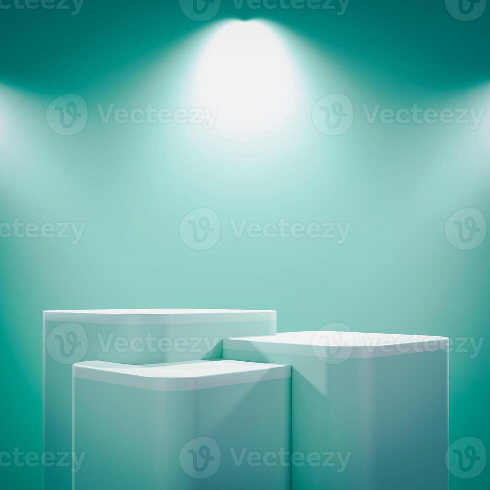 3D A layered turquoise podium under bright spotlights, set against a matching background. photo