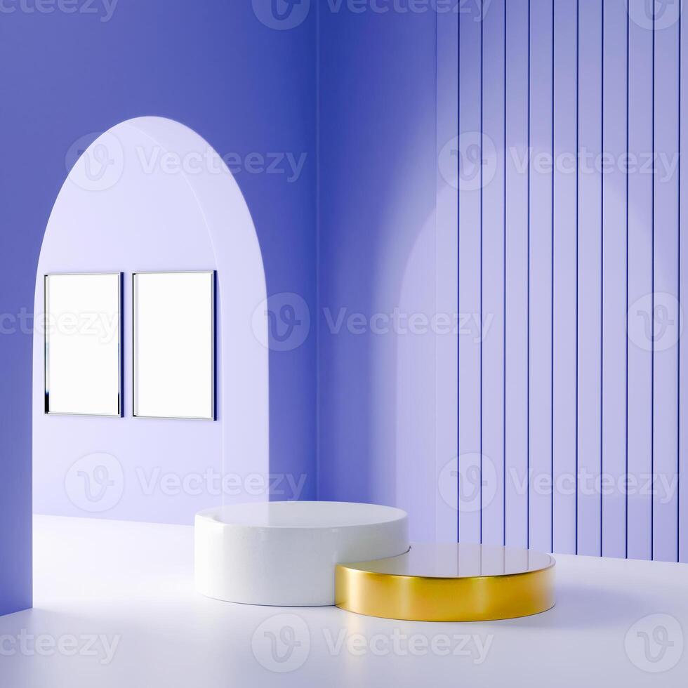 3D Multi-tiered circular platform with white top, gold base, light purple backdrop with arch and vertical stripes, two empty picture frames in archway. Modern, minimalist, elegant scene. photo