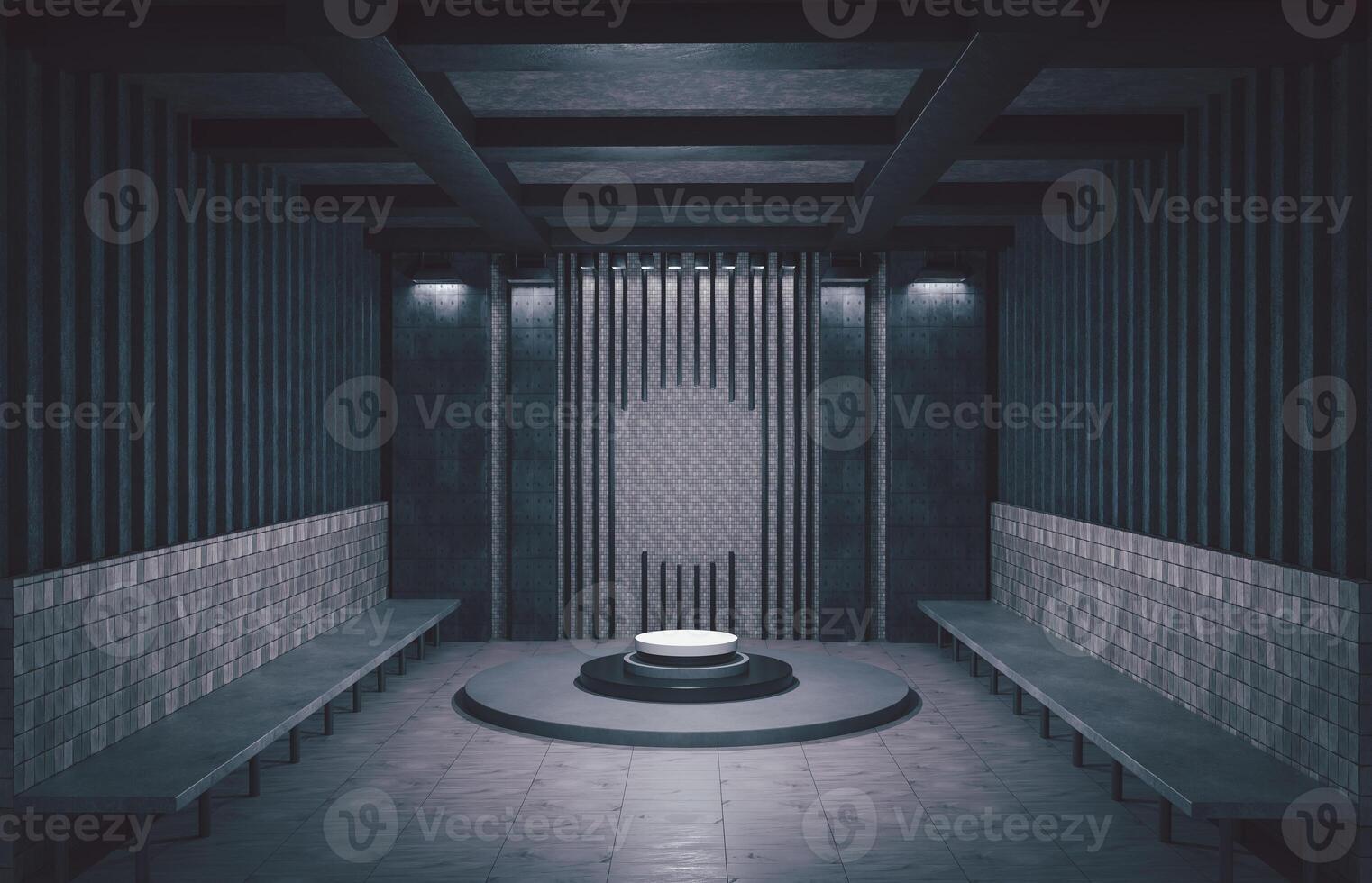 3D A modern building interior featuring a light podium on a circular base. Concrete, wood and brick textures. photo