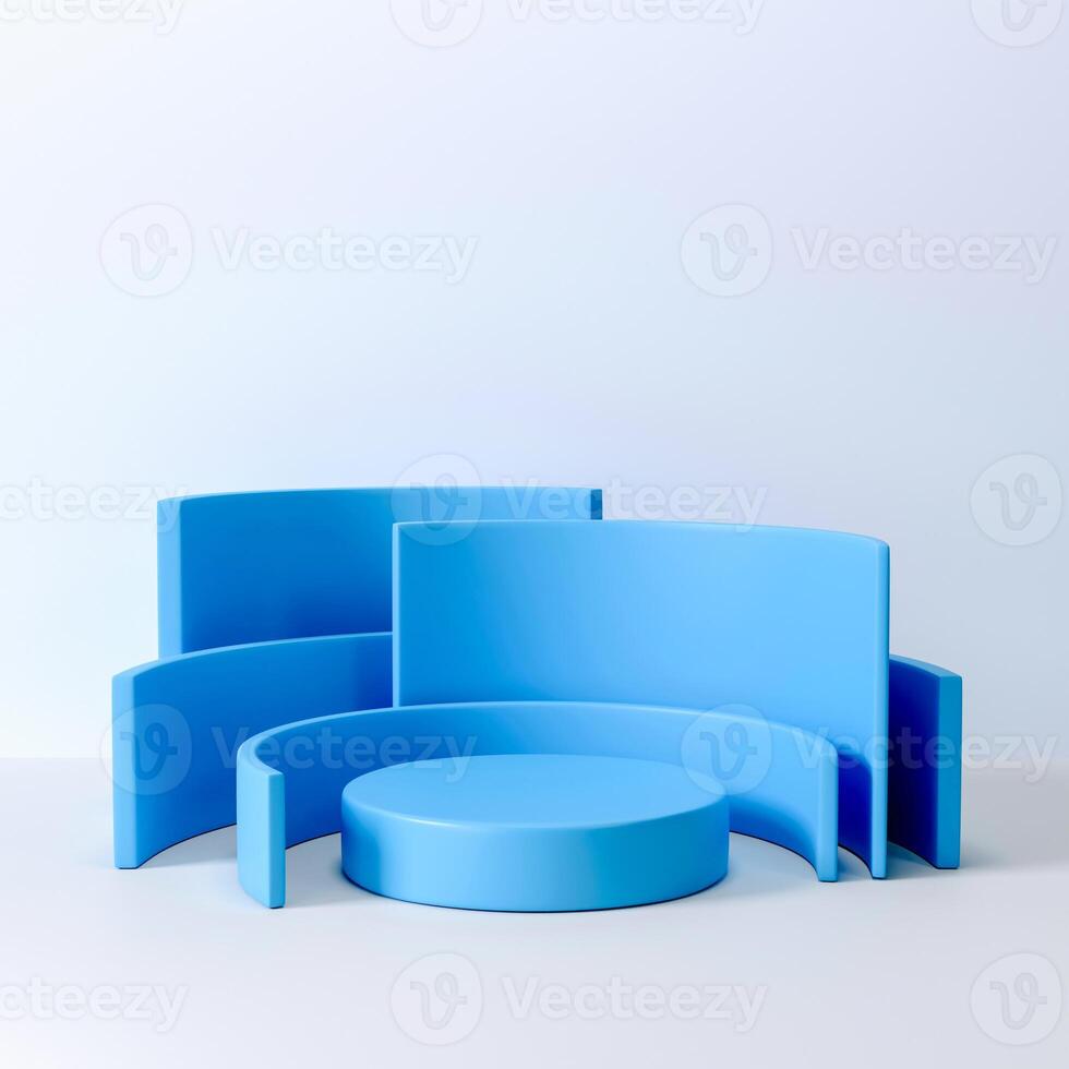 3D A bright blue geometric display with a round podium, curved walls, and flat planes against a white background. photo