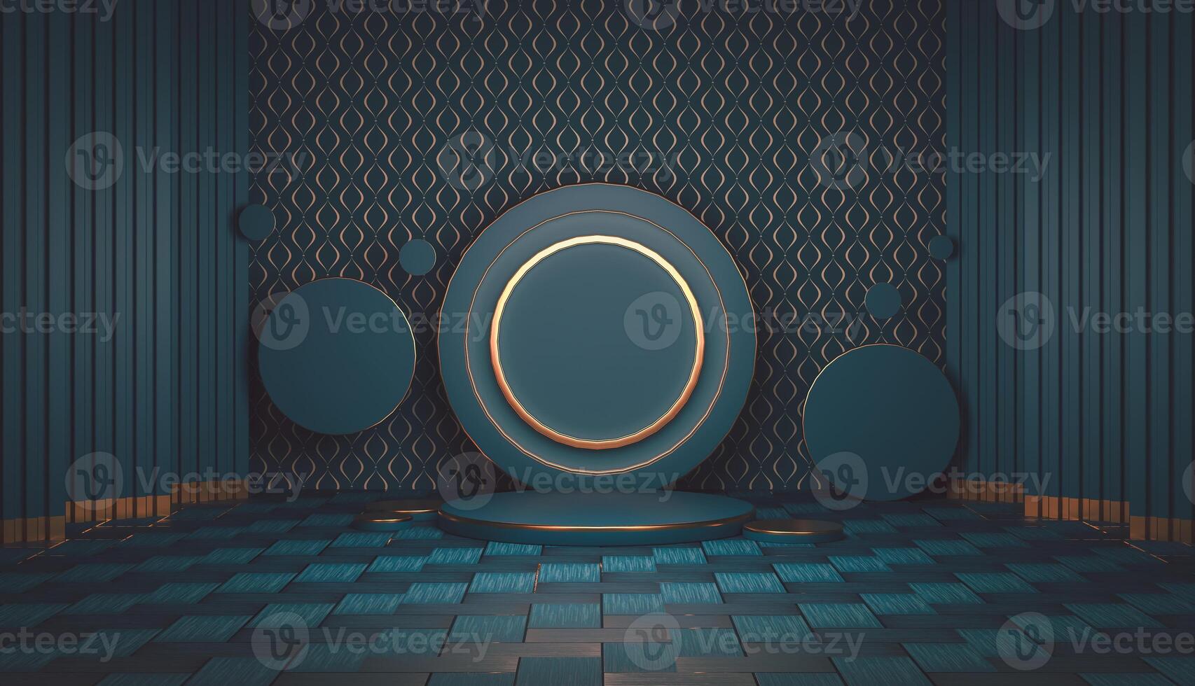 3D A luxurious geometric backdrop featuring a circle framed with a gold ring. Two small podiums standing in front of two circular sides. photo