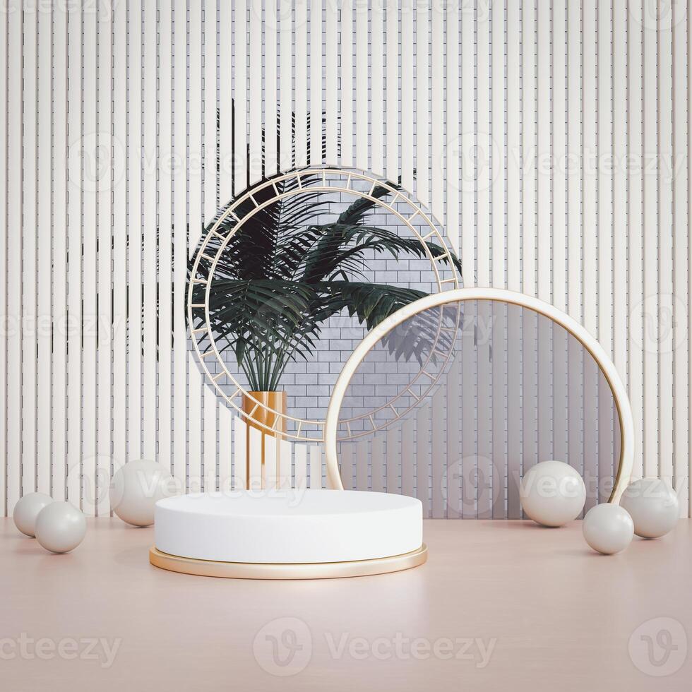 3D White circular platform with gold rim centered on light-brown surface, two circular frames, white spheres, beige striped backdrop, potted plant behind platform. Modern, decorative setting. photo