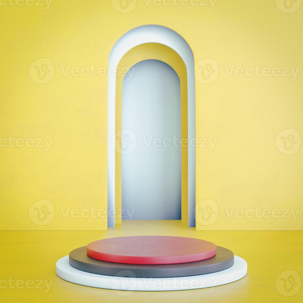 3D A multi-tiered circular platform with white, brown, and red layers is centered in front of a layered yellow archway against a matching background. The scene is vibrant and minimalist. photo