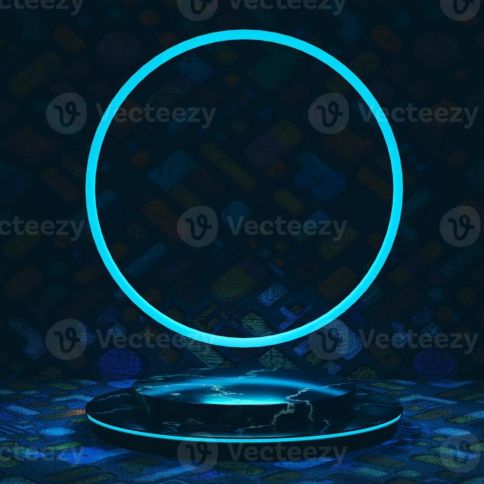 3D Black circular platform with glowing edge centered, neon blue circle frame behind. Textured geometric background and floor in dark blue tones. Modern, abstract, and slightly futuristic scene. photo
