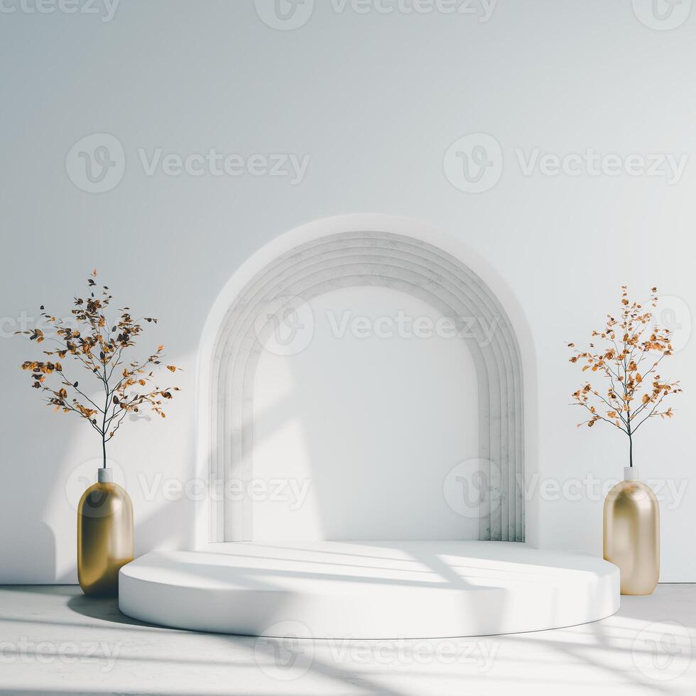 A white round plinth under multi-tiered arches, golden vases with dried branches arranged on a white background with a thin ground shadow. photo