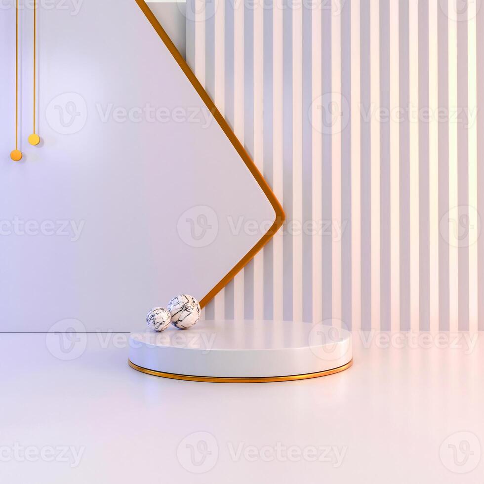 A 3D scene with a white podium, marble spheres, and a geometric backdrop featuring stripes and a framed square. photo