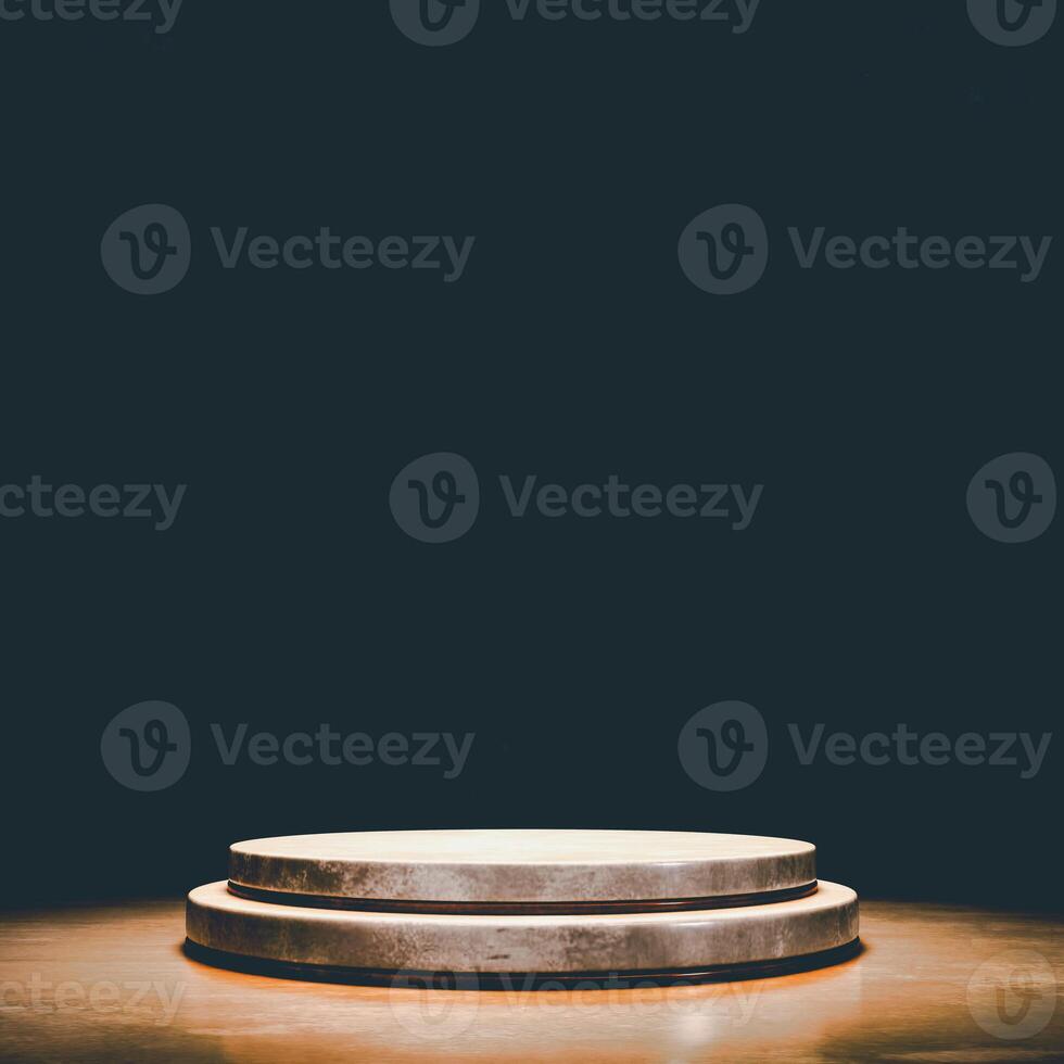 A 3D stone podium with two levels on a textured surface, set against a dark background. photo