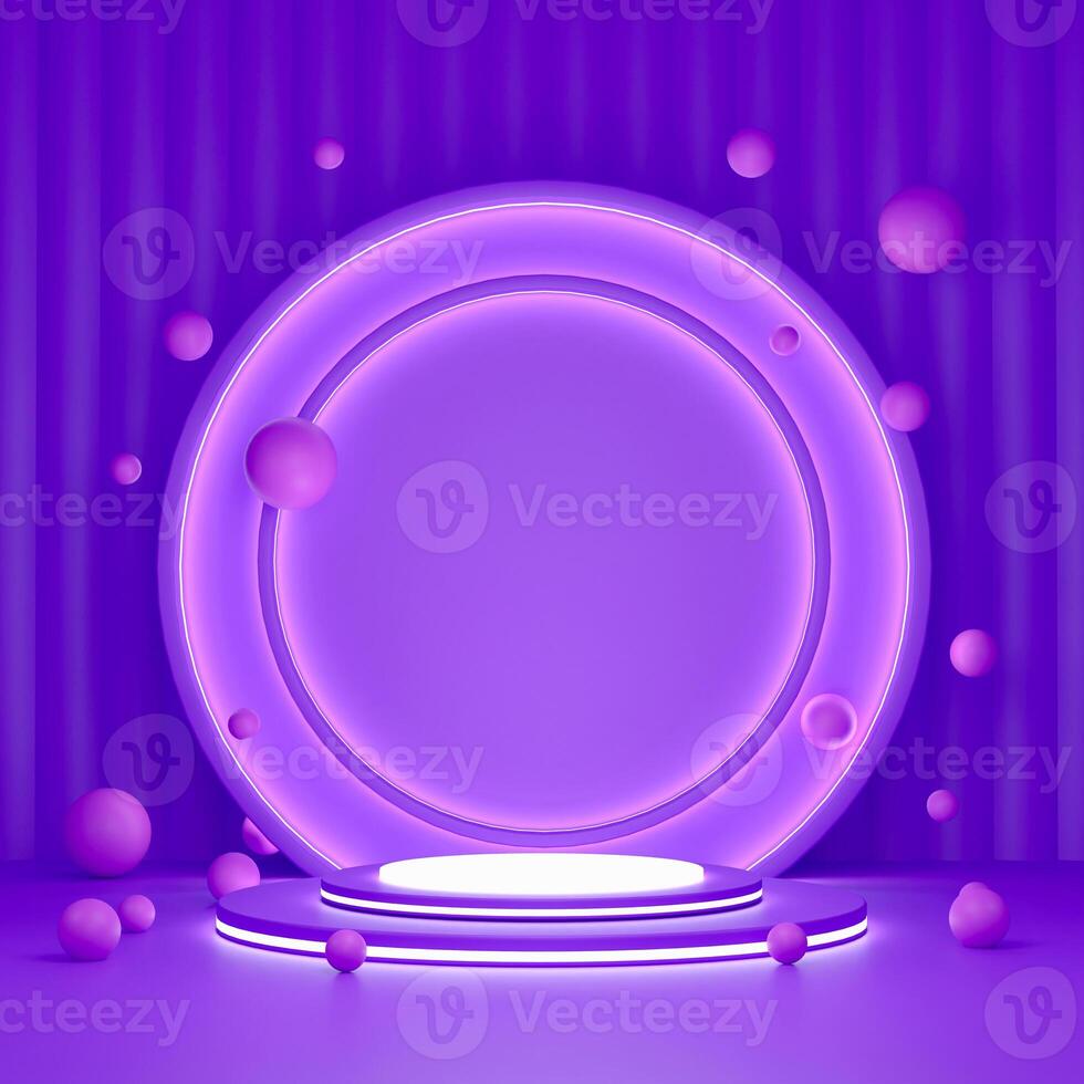 3D White multi-tiered circular platform with glowing rim, purple background with vertical ridges, glowing purple circle behind, pink spheres scattered around. Vibrant, modern, playful aesthetic. photo