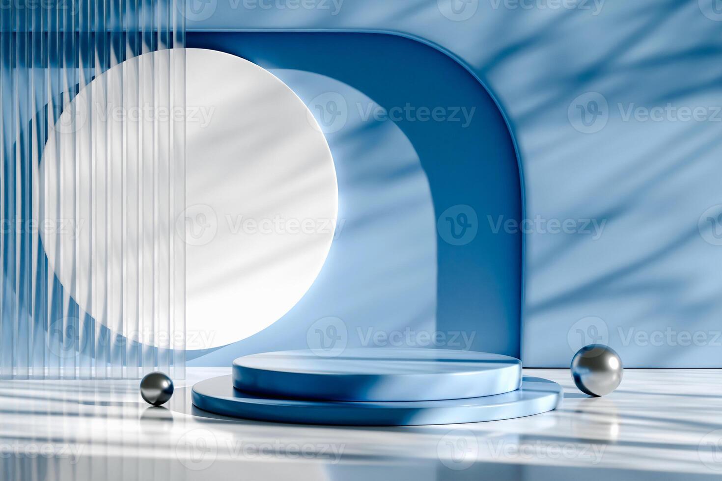 A 3D blue-themed scene featuring a two-tiered podium, spheres, an arched frame, and a fluted glass panel. photo