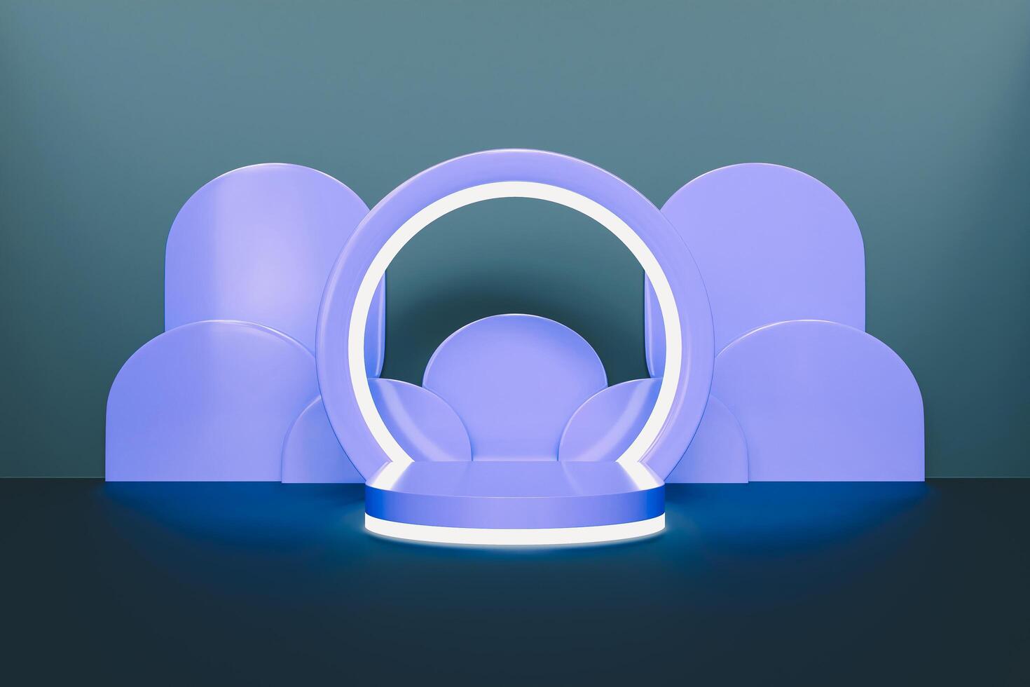 A futuristic 3D setting featuring a light-purple podium and arched shapes. photo