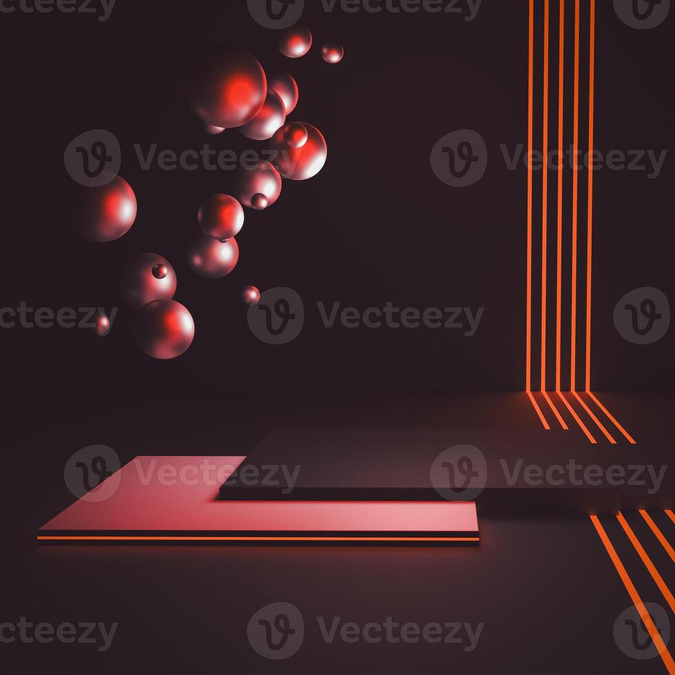 A moody 3D scene with layered platforms, floating spheres, and glowing lines. photo