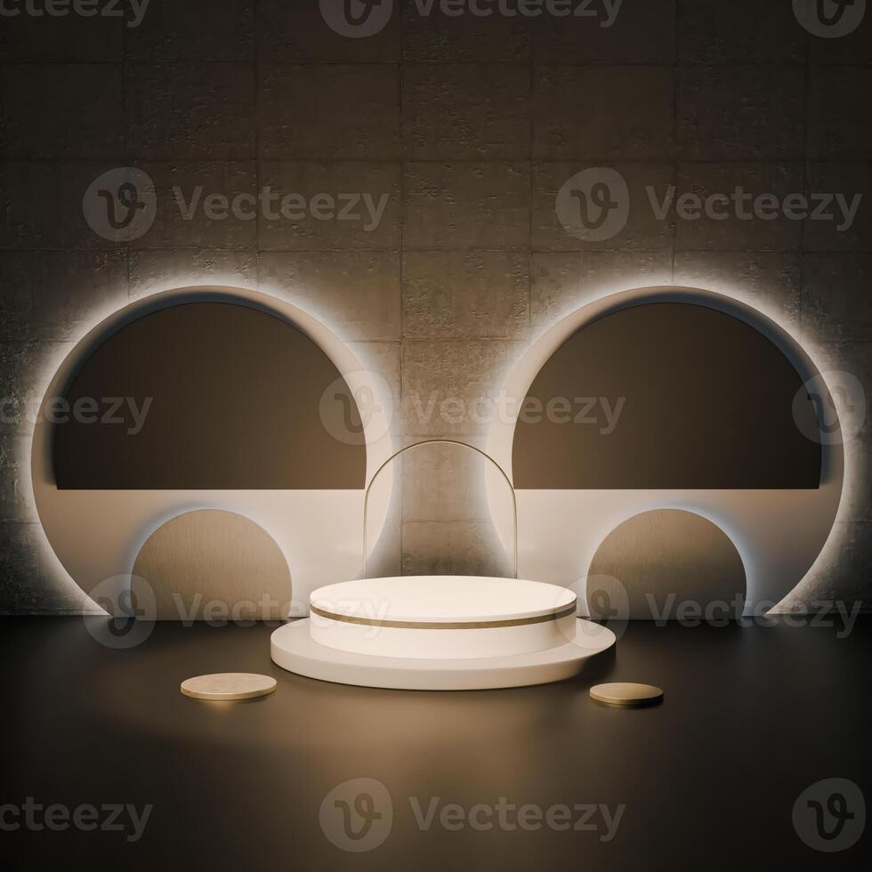 A multi-tiered white circular platform with gold accents is shown against a gray textured wall. Semicircular illuminated cutouts are on either side. The scene has a modern and elegant aesthetic. photo