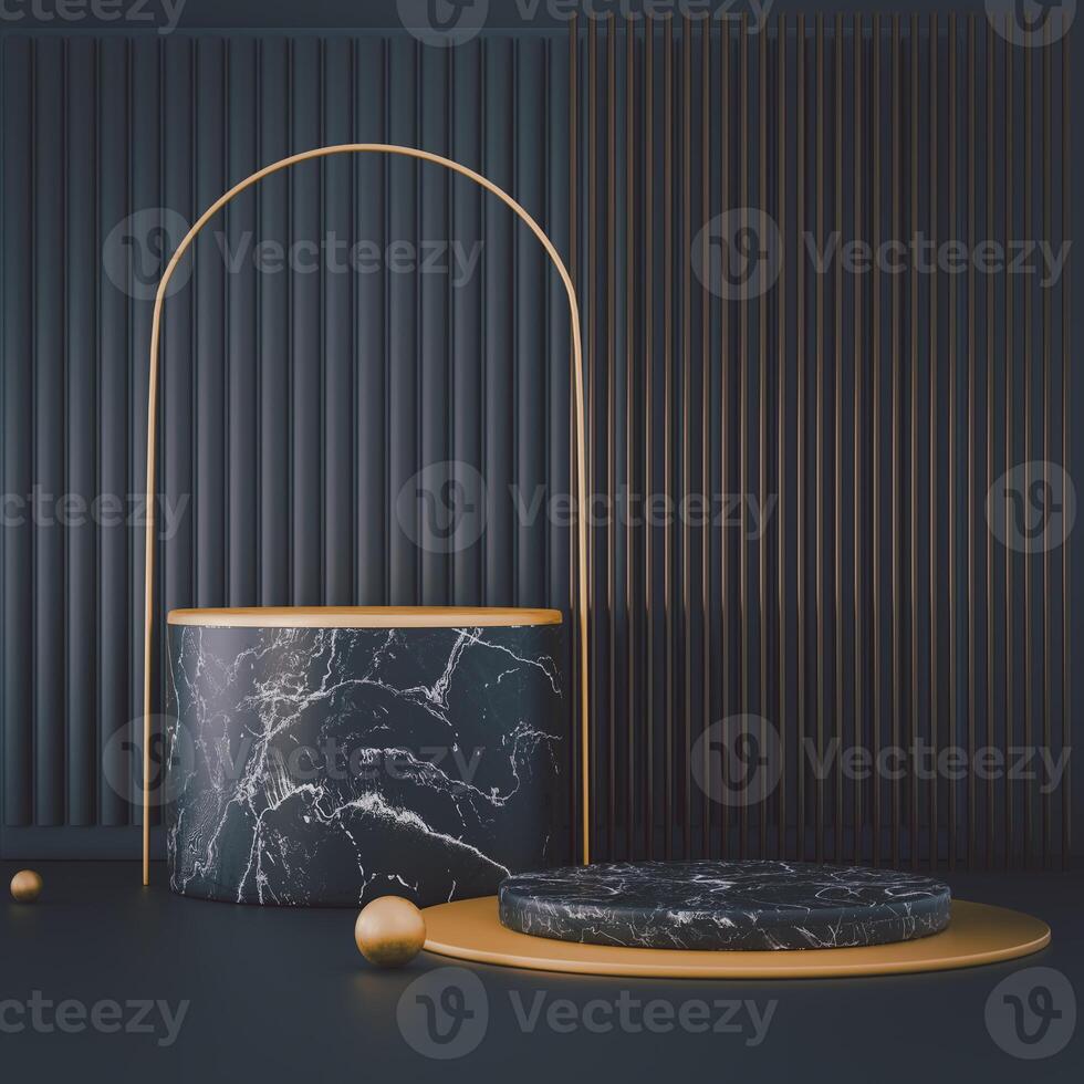 A luxurious 3D scene featuring marble podiums with gold accents, set against a striped background. photo