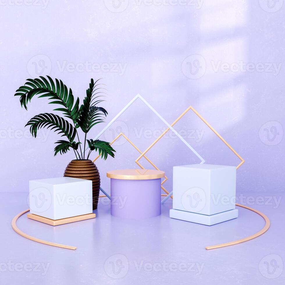 3D Gold cylindrical platform with white top centered among white spheres of various sizes, gradient blue background. photo
