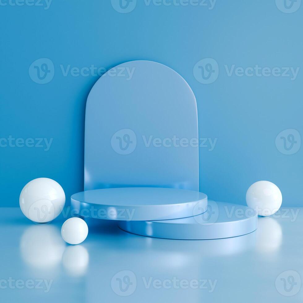 3D Multi-tiered blue circular platform centered, blue arch behind, white spheres arranged around. Clean, minimalist, modern design with a monochromatic blue palette. photo