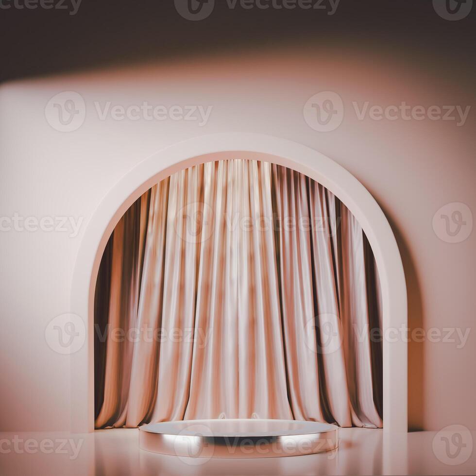 3D A circular metallic platform is centered below a tan arched opening, with matching drapes in the background. The scene is bathed in a warm light, creating a minimalist and elegant effect. photo