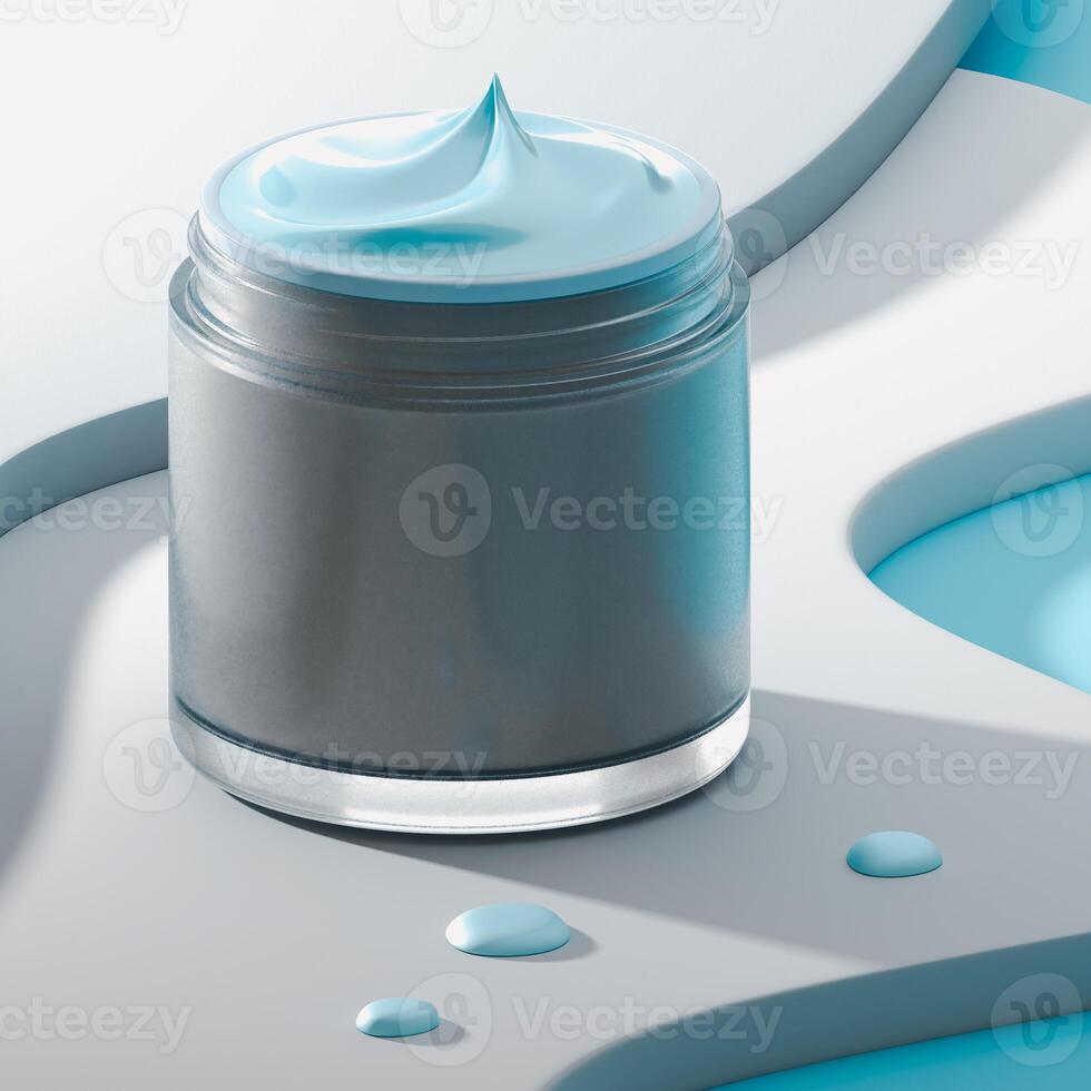 A jar of light-blue cream is centered on a beige platform with a geometric cutout pattern. Several small drops of cream are on the platform. The scene is set against a pale blue and white background. photo