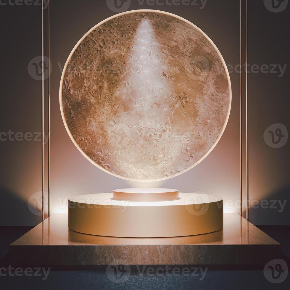 3D A gold multi-tiered circular platform is centered in front of a gold moon graphic with a spotlight effect. Gold vertical lines frame the image. The scene has a luxurious and elegant aesthetic. photo
