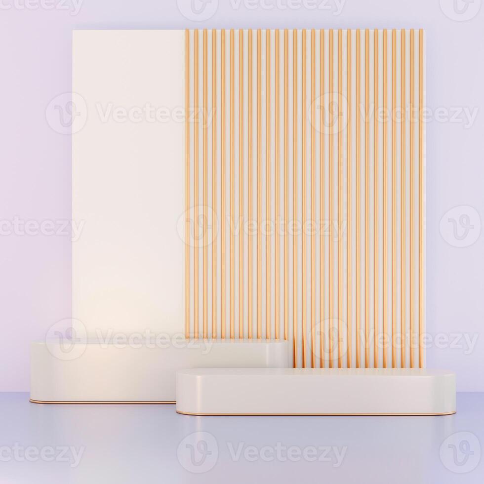 A modern 3D render featuring stacked, rounded rectangular platforms with a striped screen backdrop. photo