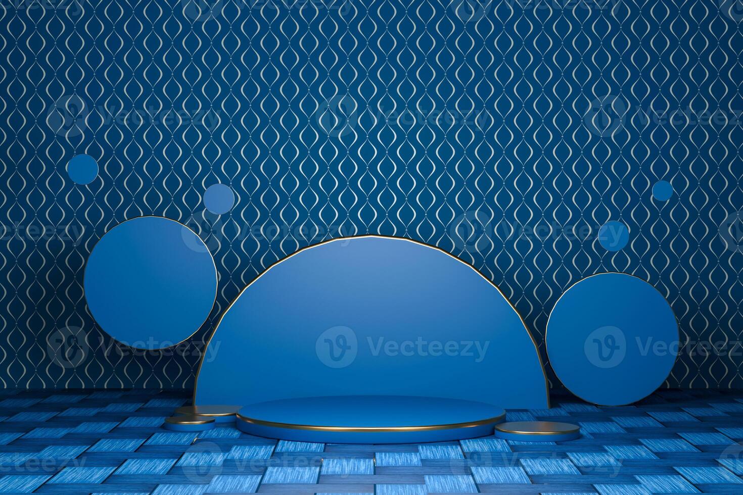 3D A blue geometric studio featuring a podium, circular backdrop and patterned wall and flooring. photo