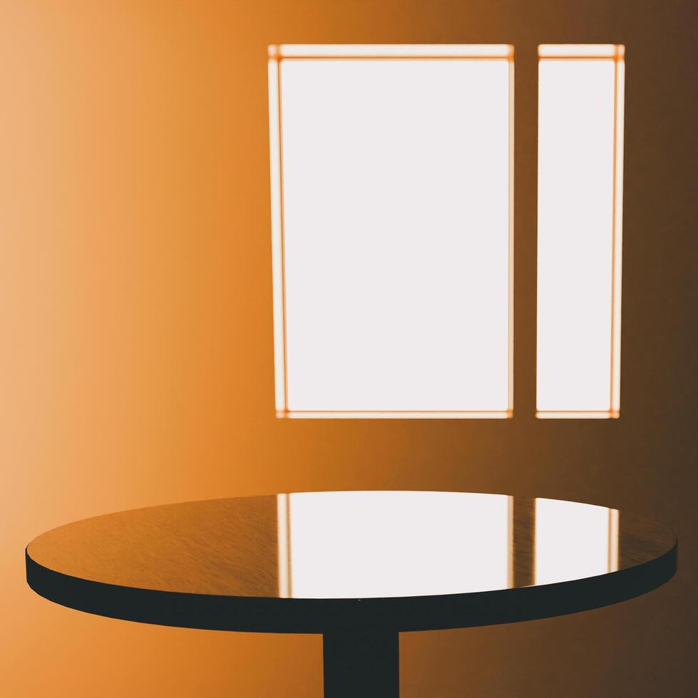 3D A dark circular table is centered against a tan wall, with a window illuminating the background with a soft glow. photo