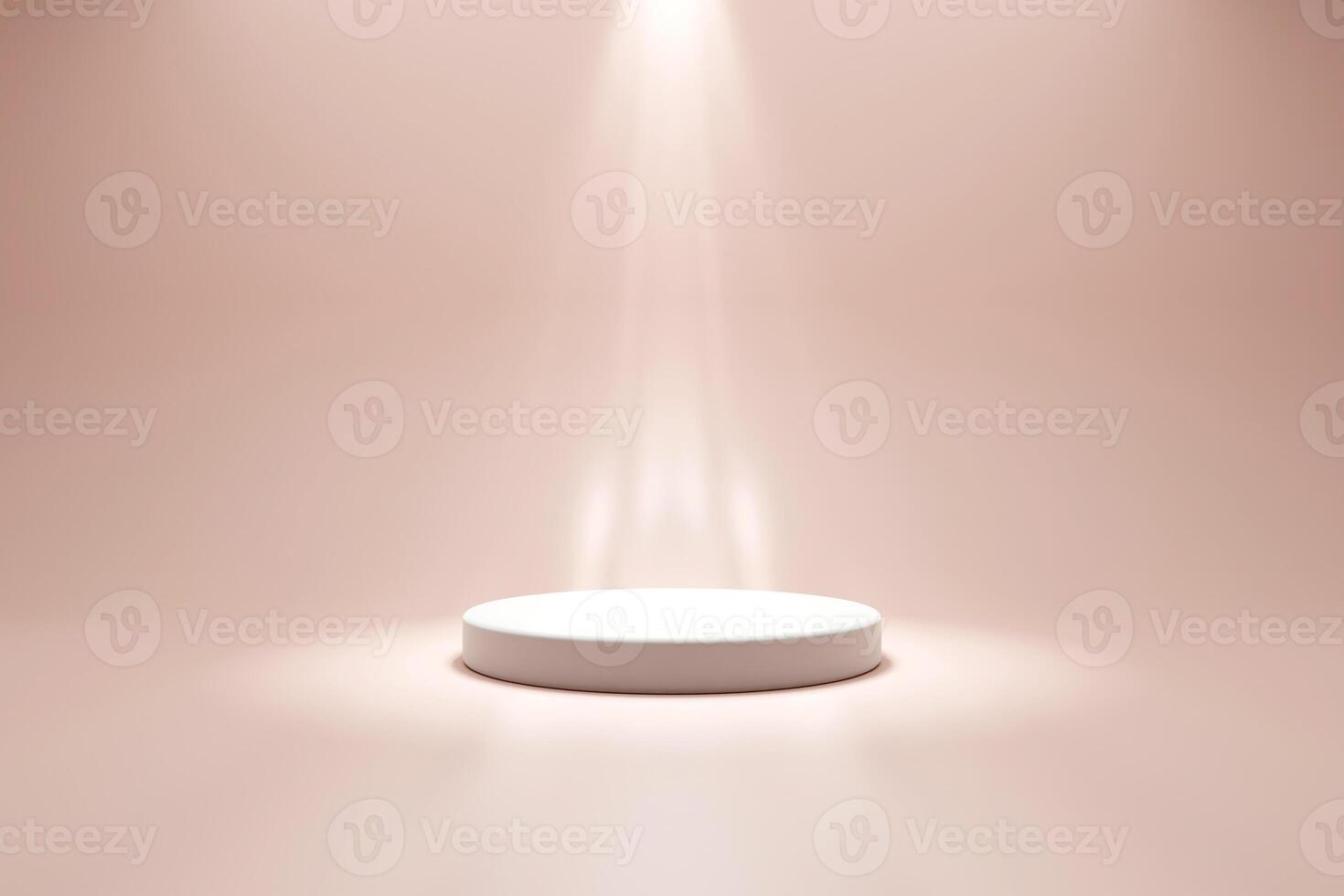 3D A minimalist scene with a white podium in front of a light peach background under spotlights. photo