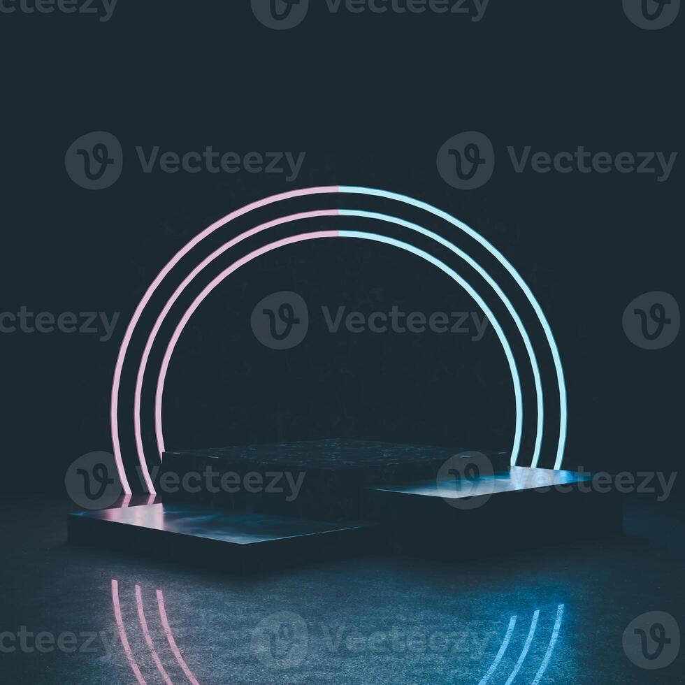 3D Multi-tiered dark rectangular platform, dark textured background, layered glowing semi-circular arch in pink and blue, reflective glowing floor. Modern, abstract, futuristic feel. photo