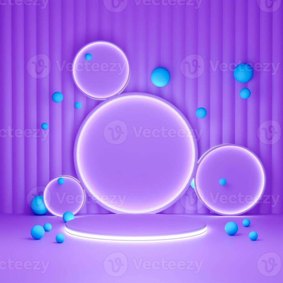 3D A purple platform is centered, with glowing purple circles and blue spheres scattered around. The background has vertical ridges. The scene has a vibrant, modern, and playful aesthetic. photo