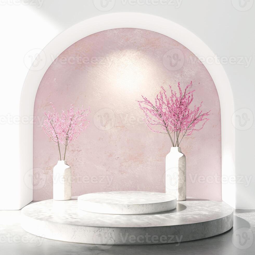 Layered concrete platform in white arched alcove, pink textured backdrop, two vases with pink branches on sides, soft light casting shadows. Clean, dreamy atmosphere. photo