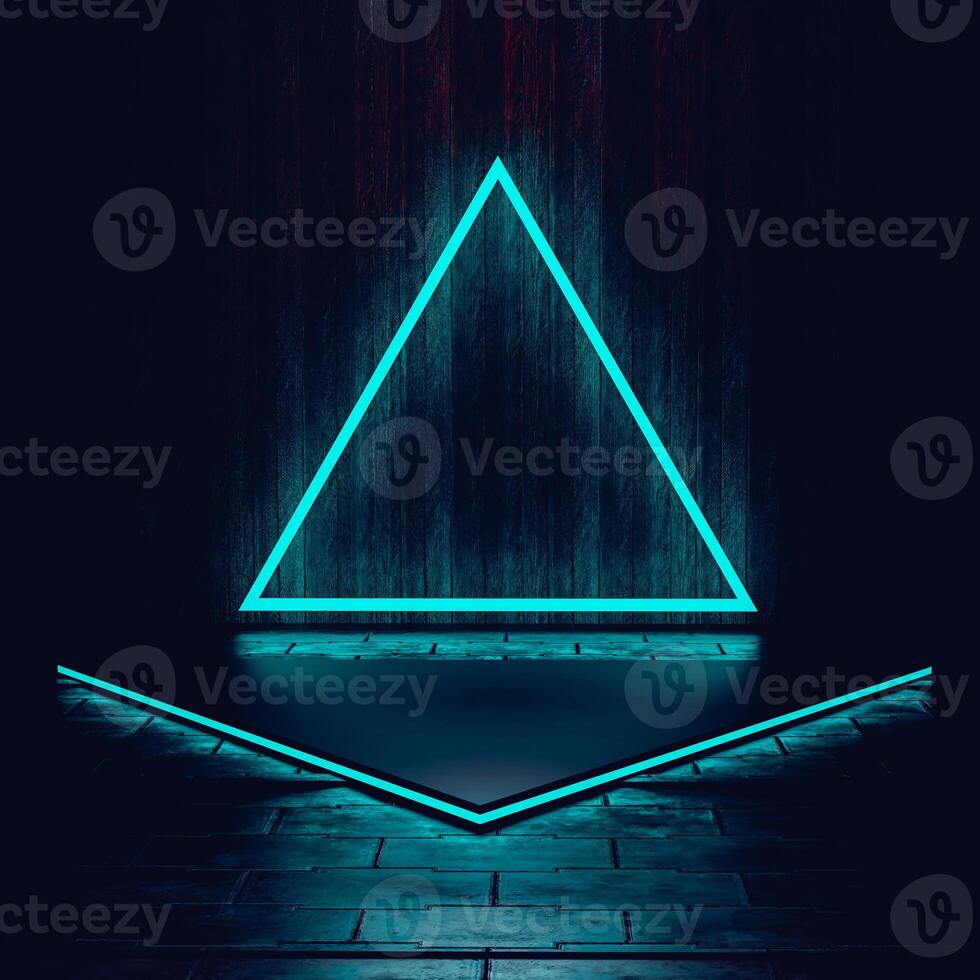 3D A dark and moody scene featuring a blue neon triangle against a wall, reflected in a surface with platform beneath. photo