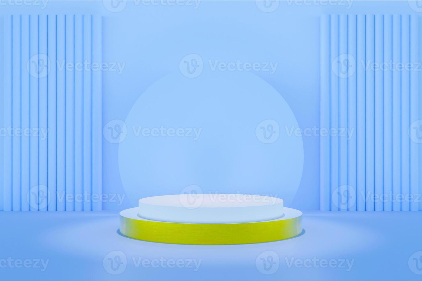 A light blue 3D scene featuring a white and chartreuse podium with ribbed panels and a circular backdrop. photo