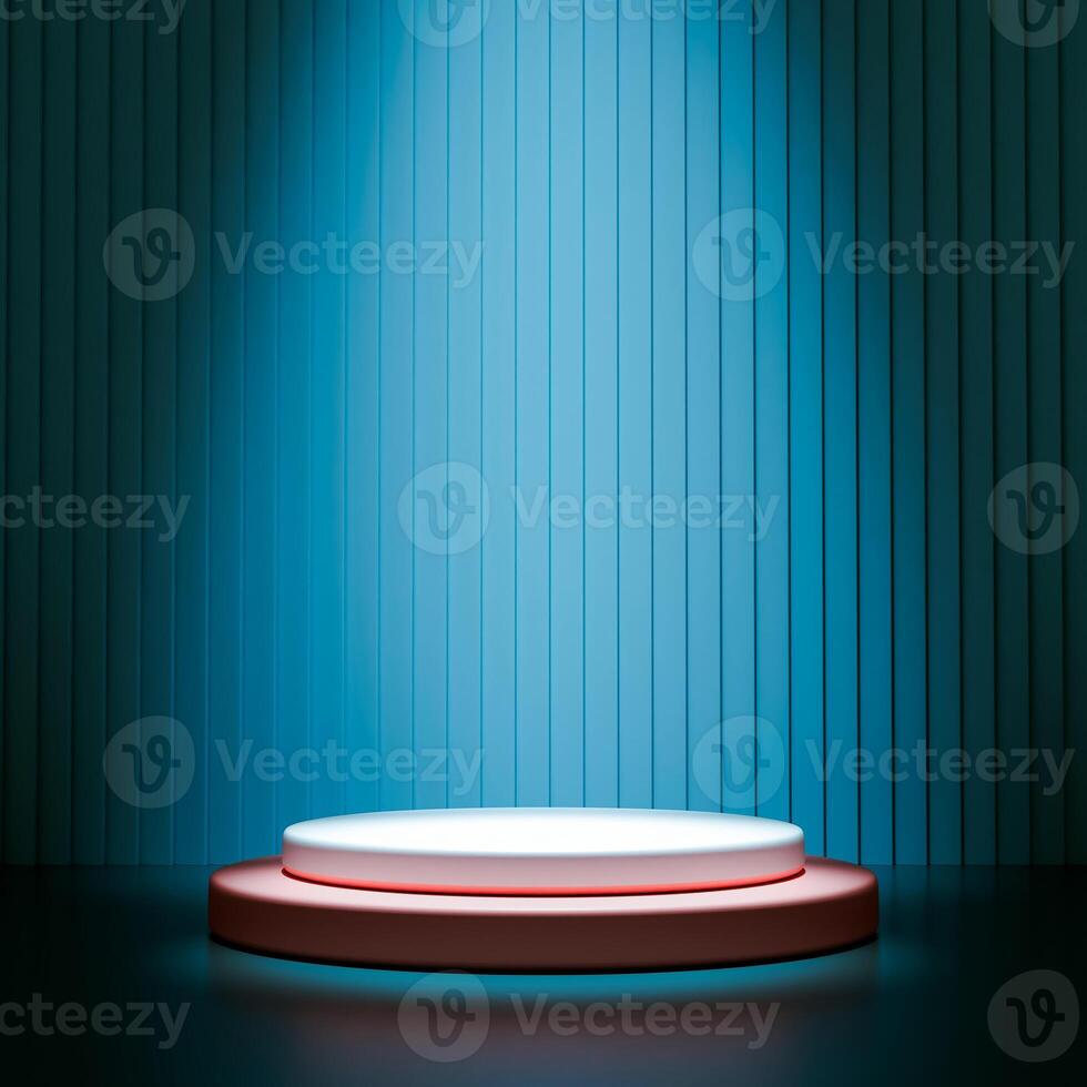 3D A two-tiered podium with white top and pink base set against a vertically-striped blue background under a spotlight. photo