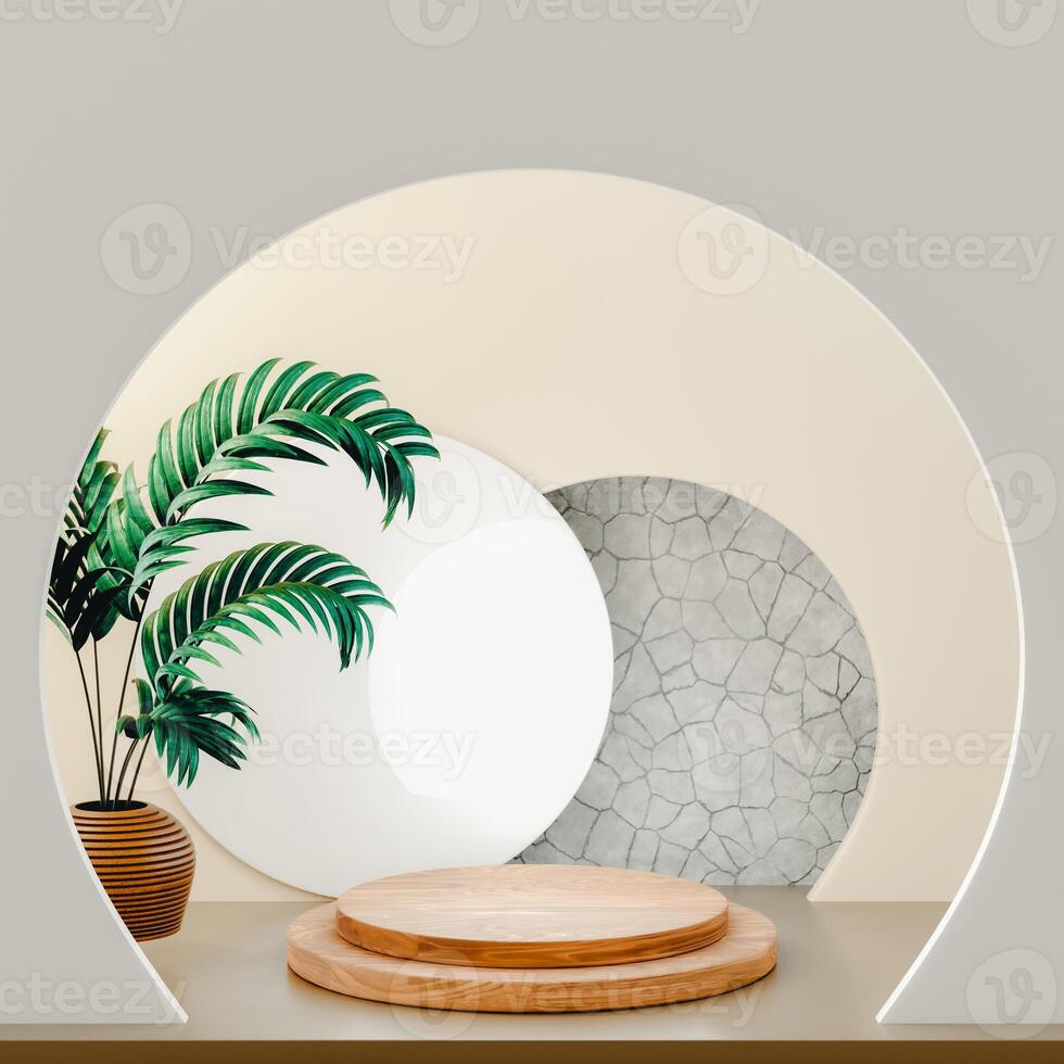 3D Multi-tiered wooden circular platform in front of beige arch and circle with white center, potted plant on left, textured gray circle on right. Modern scene with natural elements. photo
