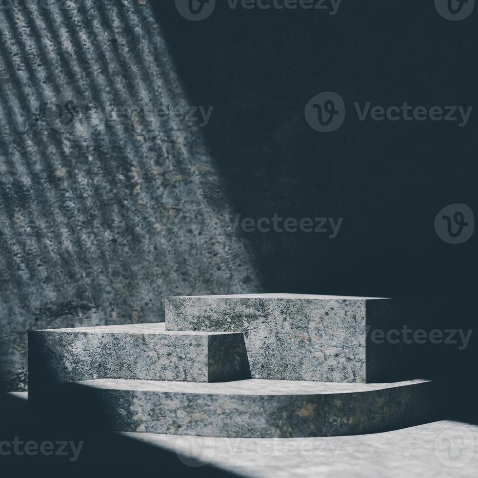3D A multi-tiered, concrete platform is shown against a matching wall. Harsh, striped sunlight creates dramatic shadows. The scene has a minimalist and industrial aesthetic. photo