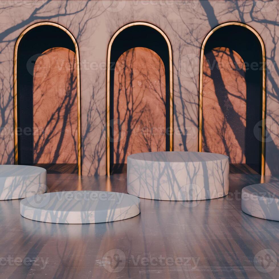 3D Four white circular platforms arranged on a reflective surface, three arched openings behind, tree branch shadows cast across the scene. Natural, abstract design with a modern touch. photo