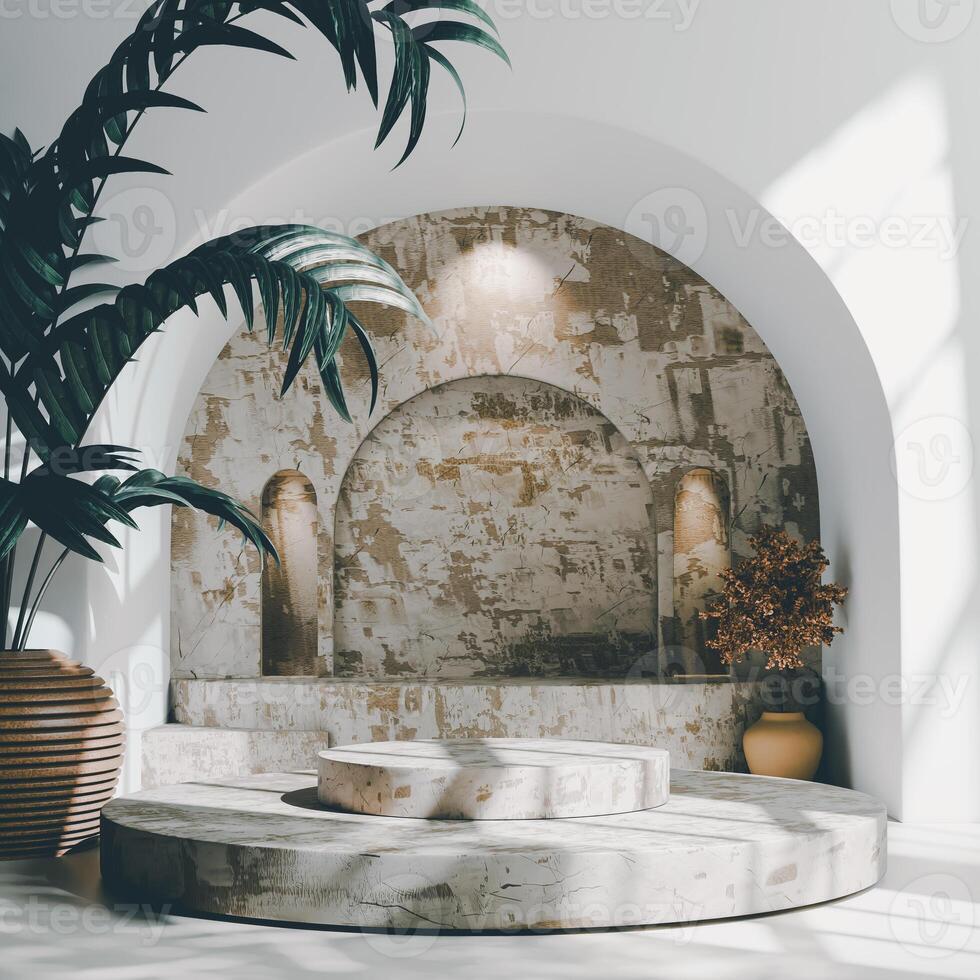 3D A gold multi-tiered circular platform is centered in front of gold drapes and a gold circle frame. The scene has a luxurious photo