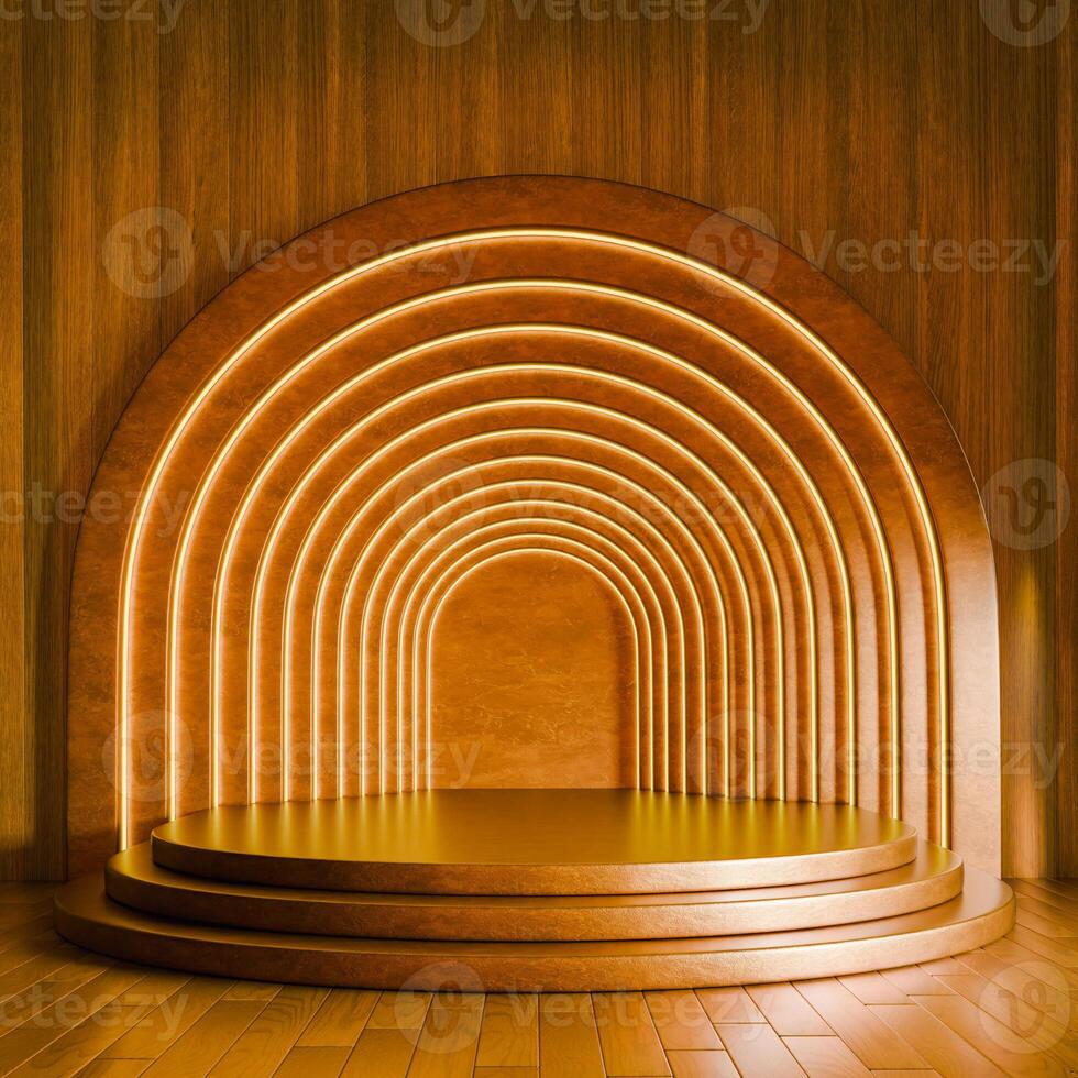 3D multi-tiered golden platform stands against a wooden wall featuring a glowing archway with several layers. The scene has warm tones and a luxurious aesthetic. photo