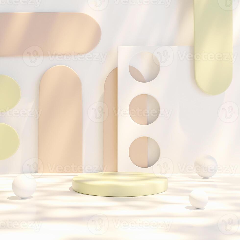 3D Light-yellow circular platform centered among pastel geometric shapes and white spheres, soft lighting casting shadows. Modern, abstract design. photo