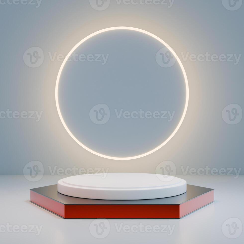 A 3D geometric podium with a round white platform atop a red and black base, against a light background with a glowing circle. photo