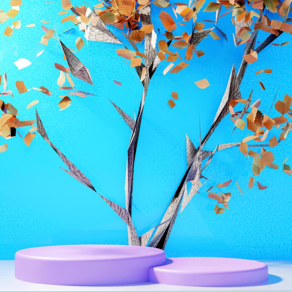 3D A multi-tiered light purple circular platform is centered, with a stylized tree with falling gold leaves set against a light-blue background. The design is modern, abstract, and somewhat whimsical. photo
