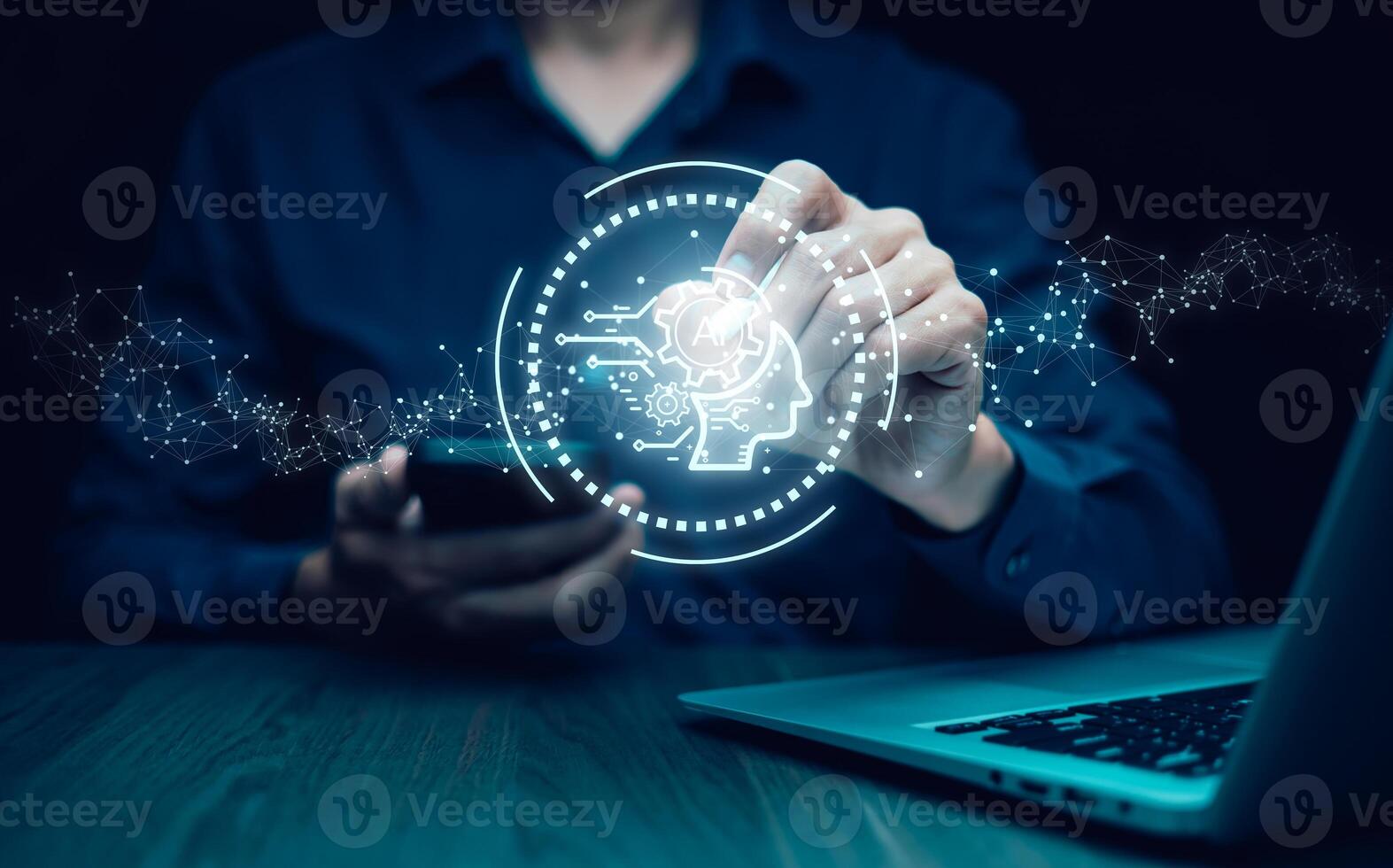 Artificial intelligence and data analysis concept. Businessman using AI-powered technology to process big data, generate insights, Futuristic digital transformation in finance and business. photo