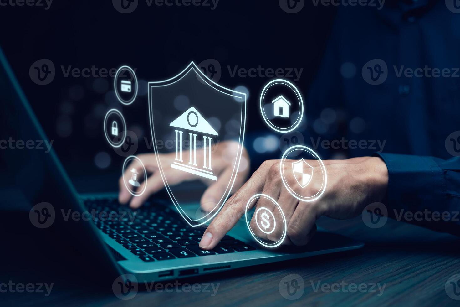 finance and banking digital,businessmen using laptops with online banking and payments, Finance and banking networks. AI, Customer networking connection, Digital marketing. cyber security. photo