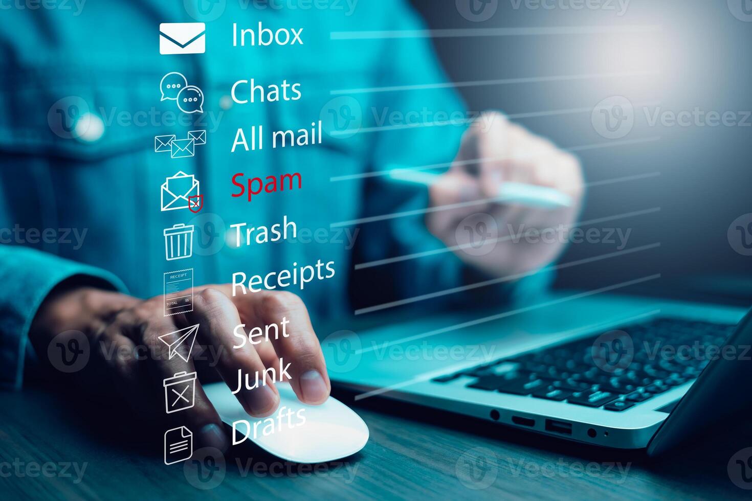 Email concept with laptop spam and virus computer monitor internet security concept, businessman reading electronic mail with a laptop. Spam, junk and e-marketing on screen,Spam Email Pop-up Warning. photo
