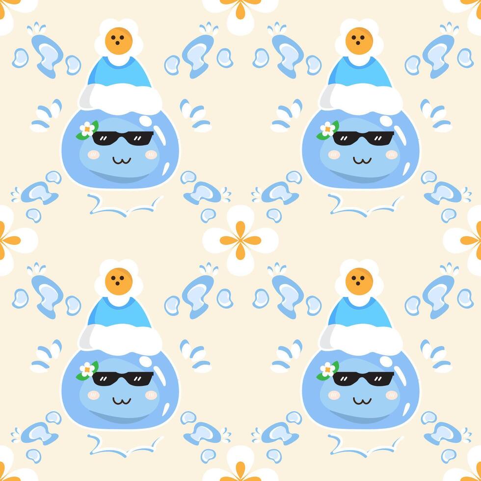 Cute cartoon character of water drop wearing black glasses decorated with white flowers on his head and a blue hat. Seamless pattern. Summer seamless pattern background. vector