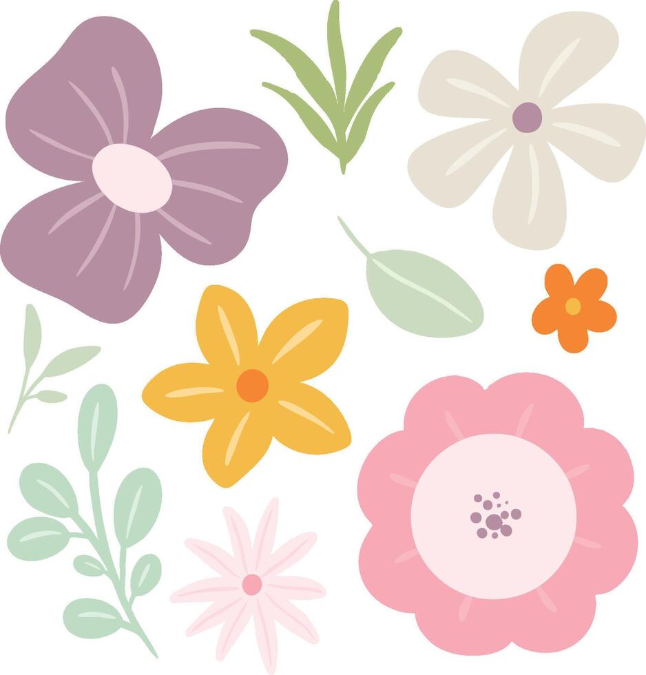 Set of flowers and leaves in flat style. Simple colorful floral element design isolated on white background vector