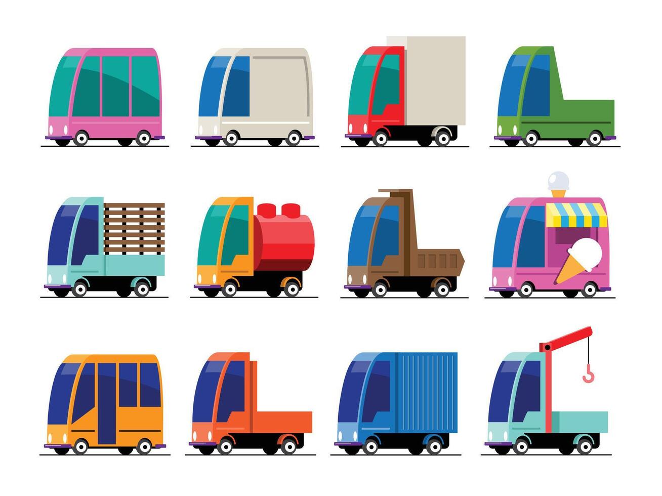 Set of Trucks, Buses, and Delivery Vehicles illustration vector
